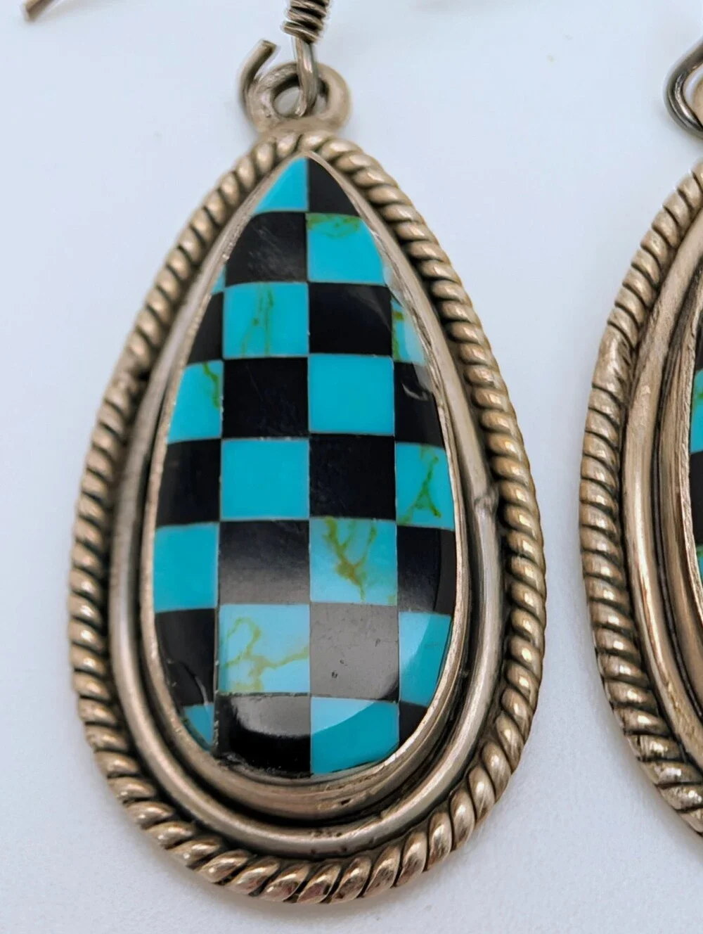 Turquoise & Black Onyx S925 Sterling Silver Matte Checkered Dangle Earrings